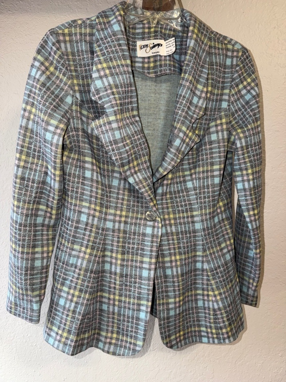 Vintage 80s Wool Blazer Jacket Pastel plaid Texas Swinger Dallas Dressy